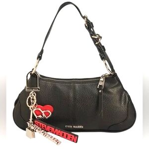 Steve Madden Black Baguette Shoulder Bag w/ Logo Keychain Charm Set NWT